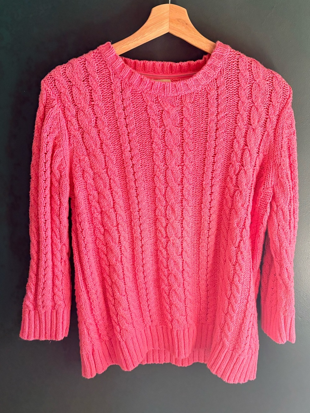 L.L. Bean Pink Cotton Cableknit Crewneck 3/4 Sleeve Sweater